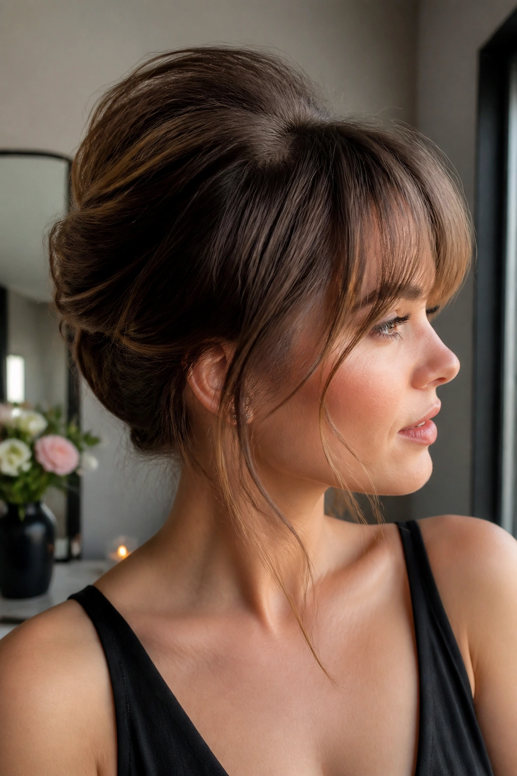 Close-up of a real person with a French twist and airy bangs in a modern interior
