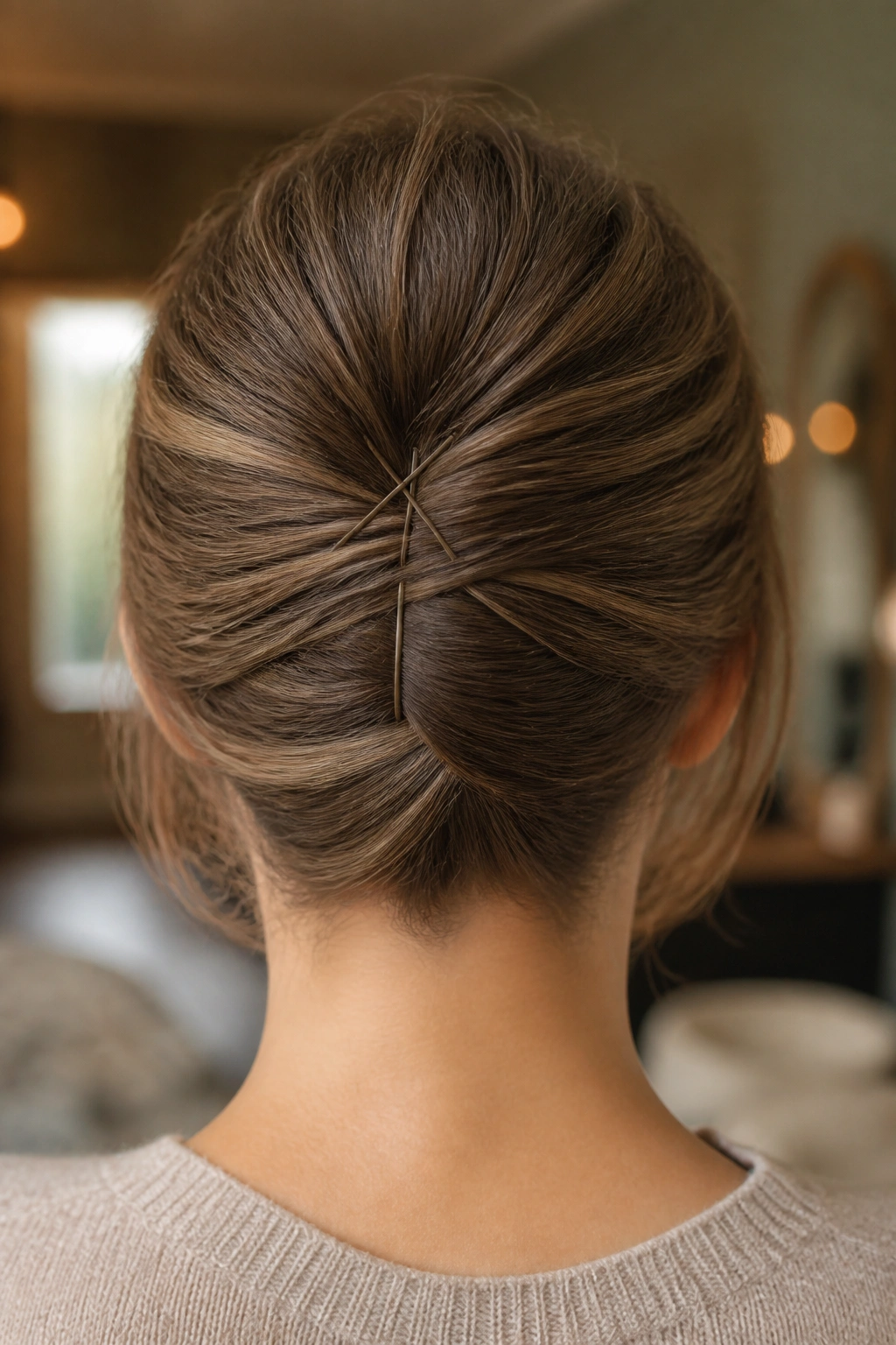 Back view of a real woman with a tiny French twist at the back of a short bob