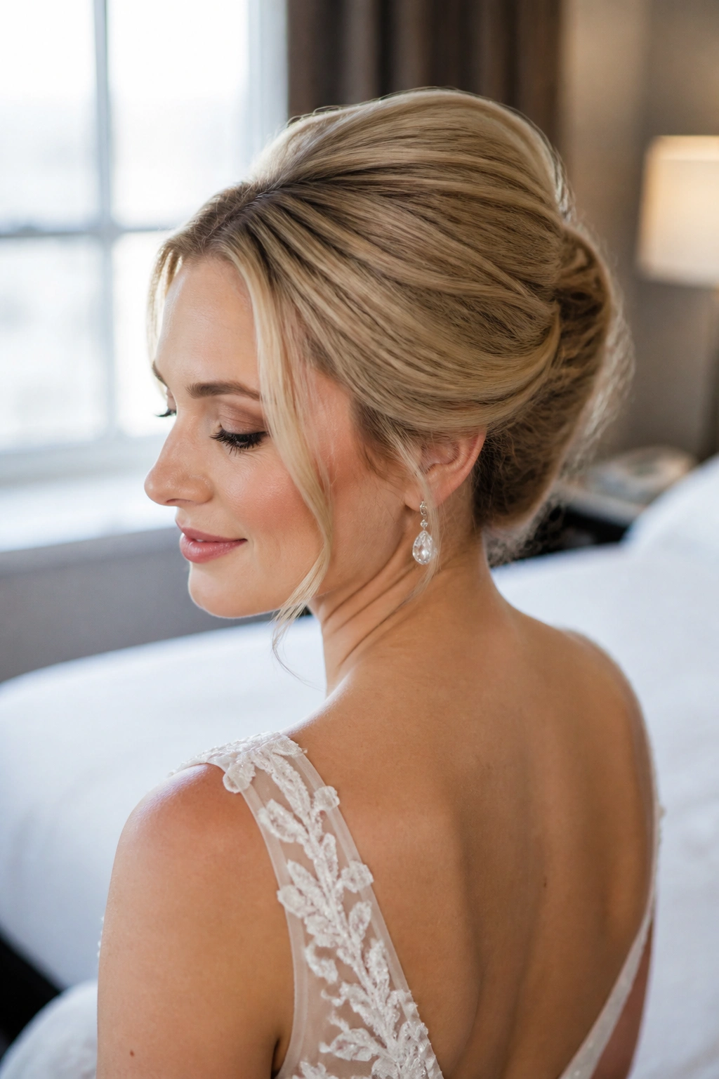 Bride with a French twist and soft edges, profile view
