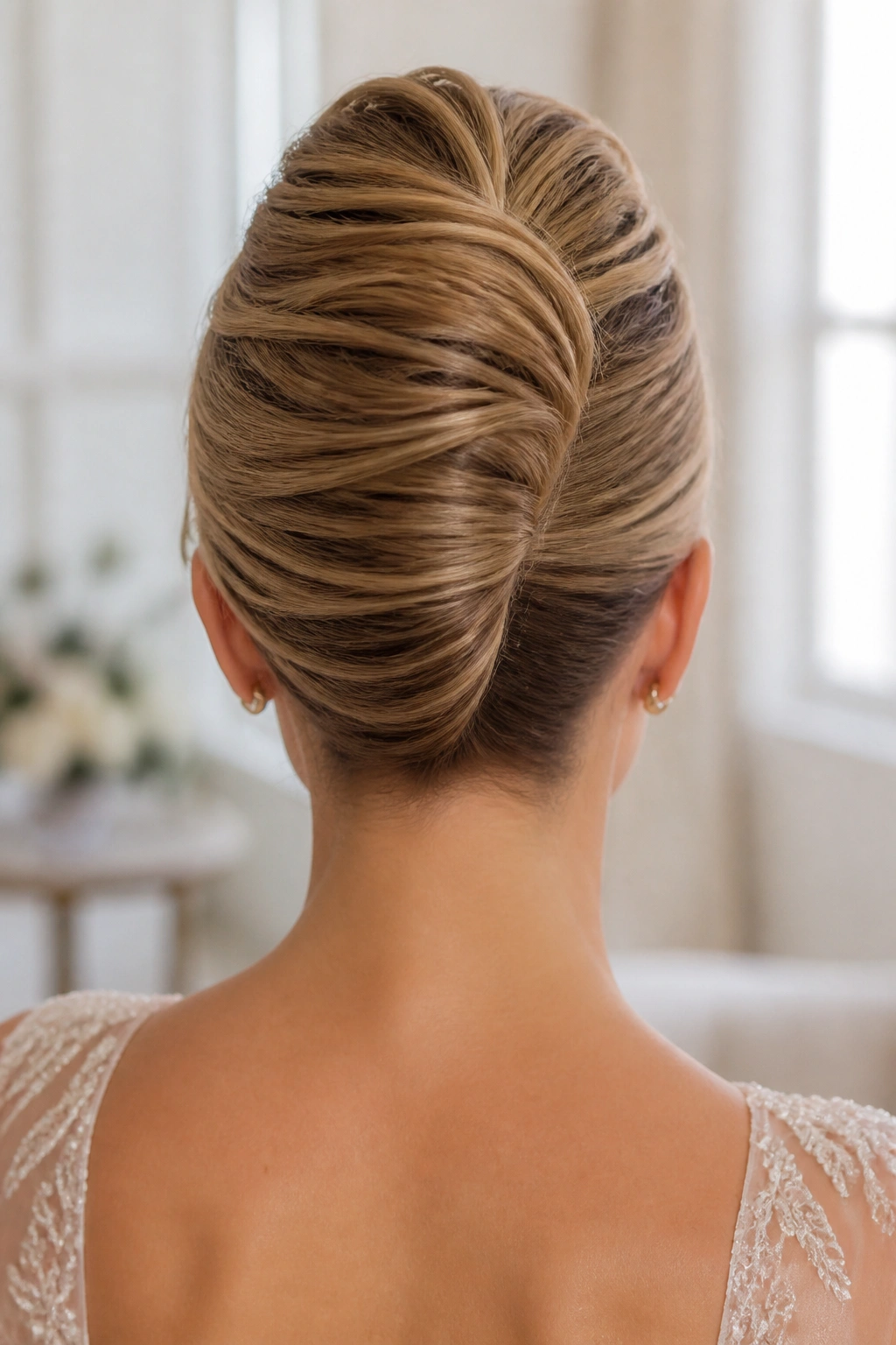Back view of woman with French twist up the back of the head