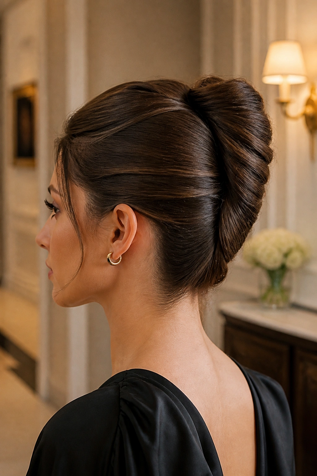 Portrait of a woman with a tall French twist bun