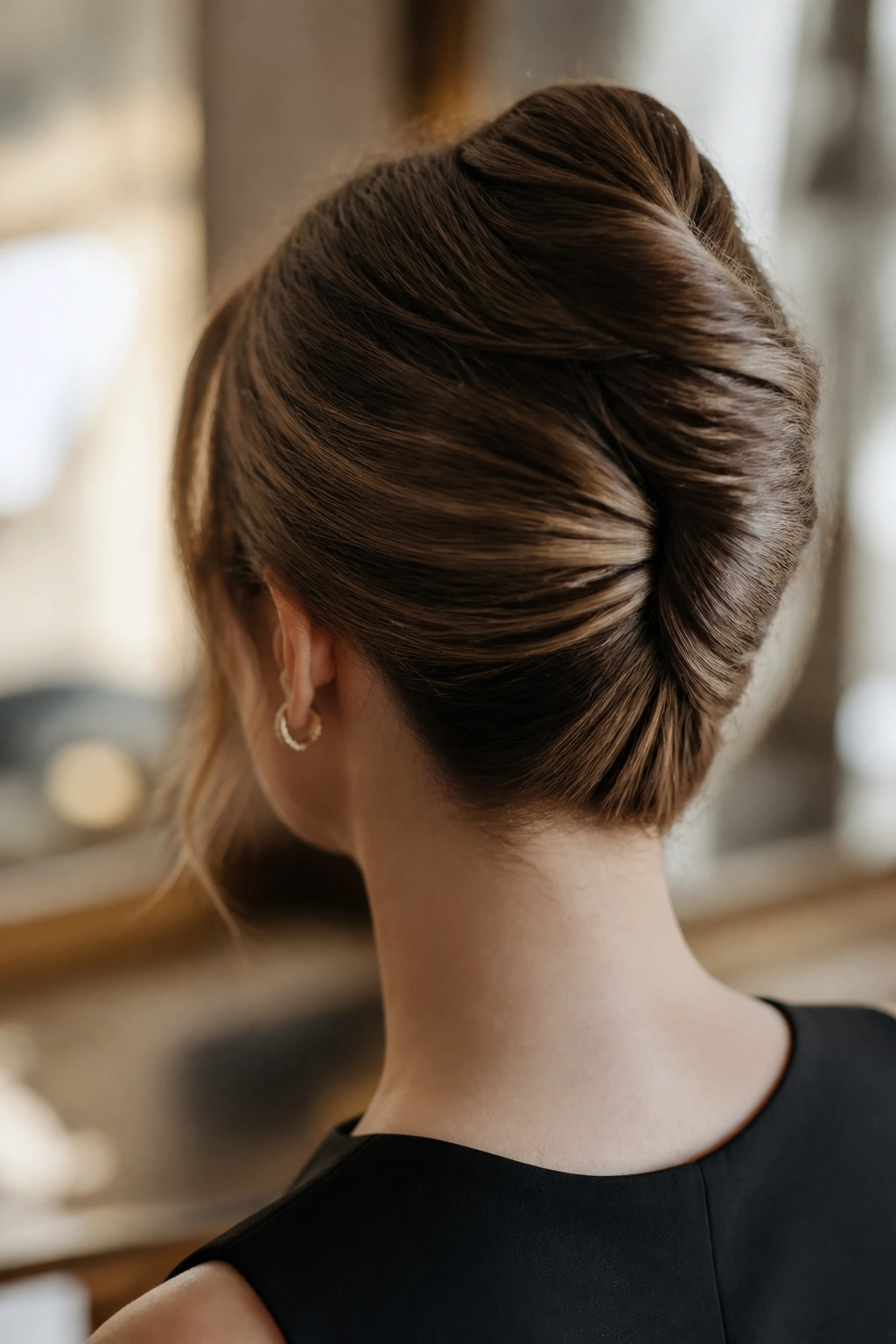 Back/side close-up of a real woman with a French twist bun