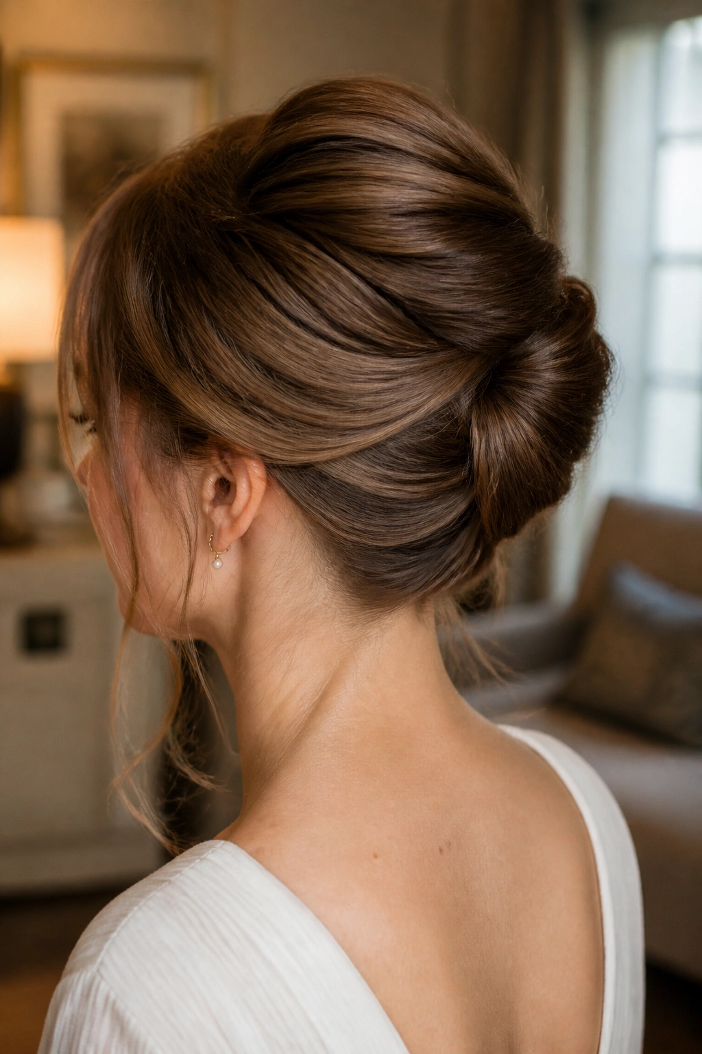 Close-up of a real woman with a French twist bun and soft tuck