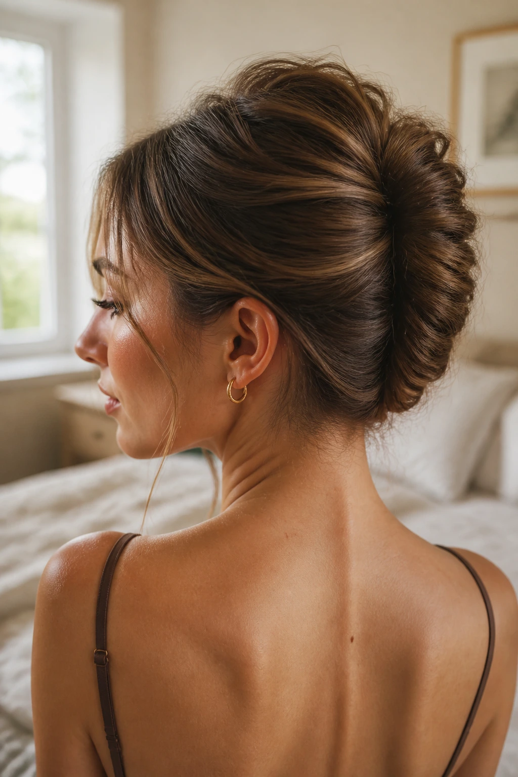 Close-up of a real woman with a low French twist-inspired loose bun under warm window light.