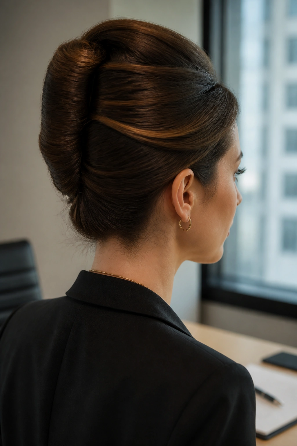 Close-up of a woman with a French twist bun in a professional setting