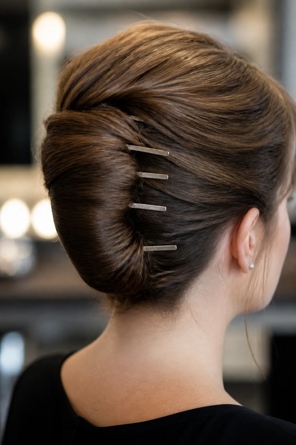Close-up of a real woman with a formal French twist bun secured by large pins