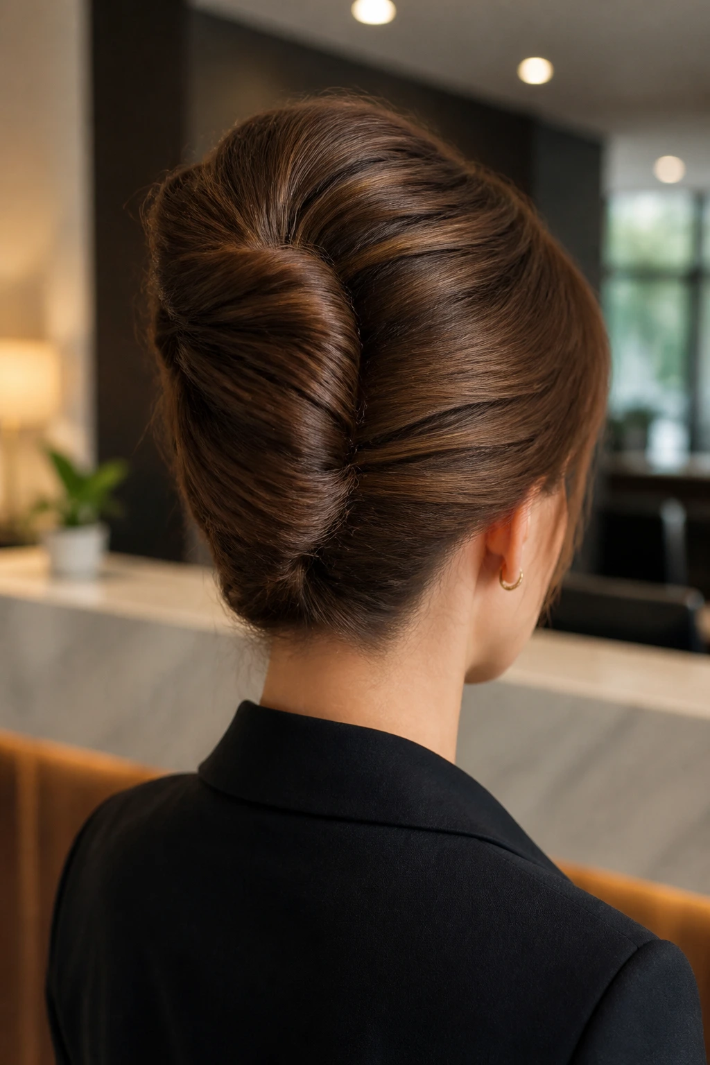 Close-up of a woman in a French twist bun shown from back/three-quarter view