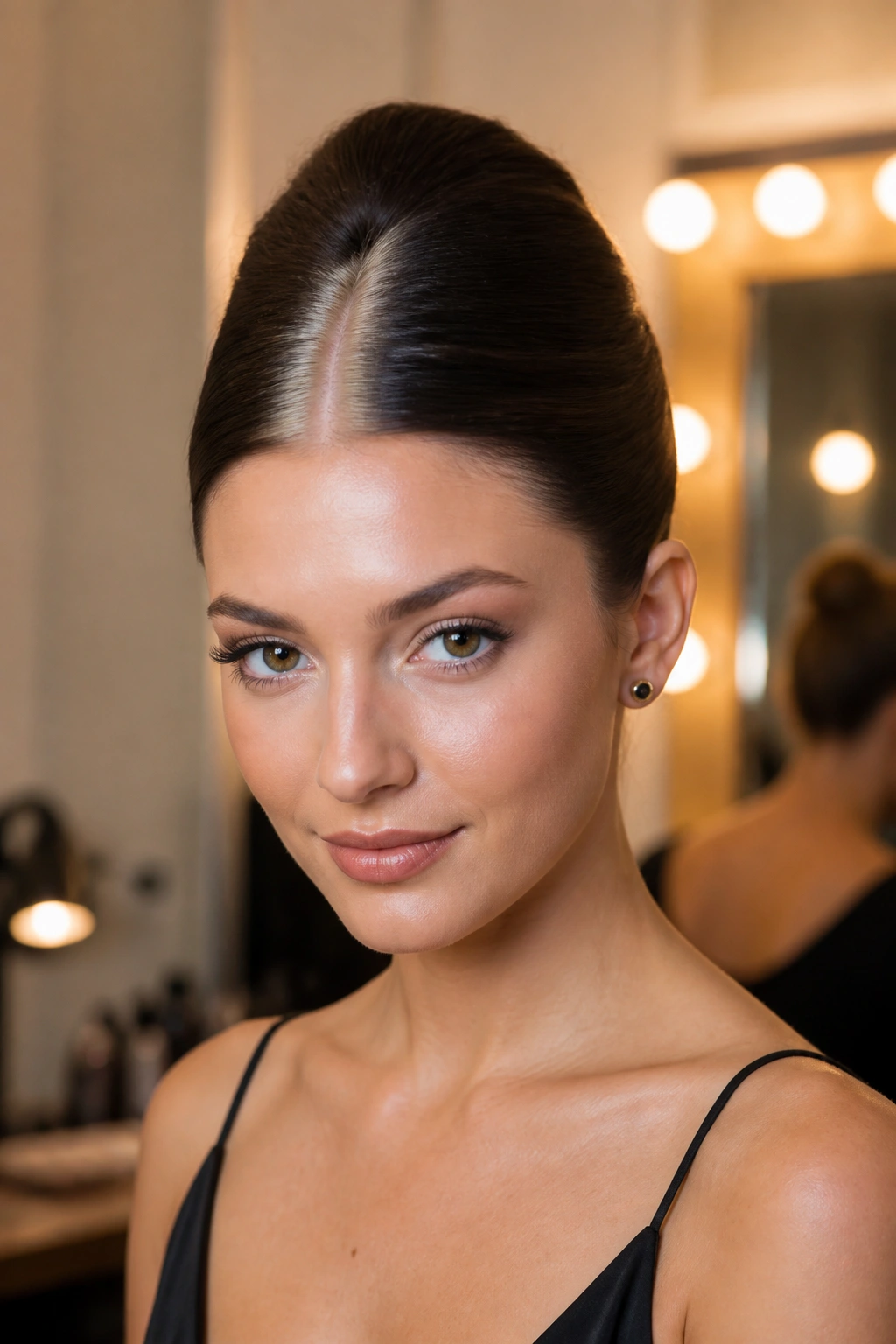 Close up of a real woman with a French twist and a sharp center stripe