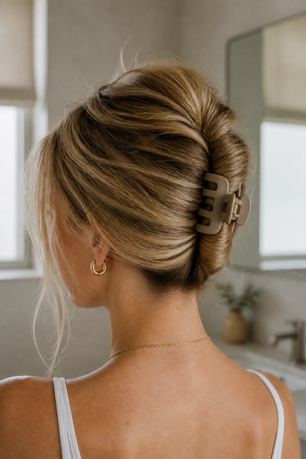Close-up of a real woman with a French twist secured by a matte claw clip