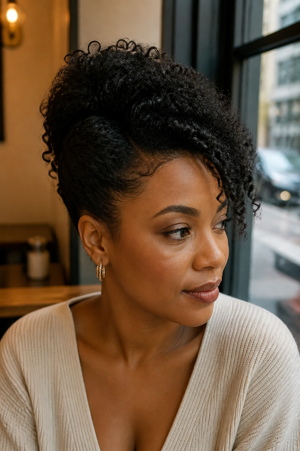 Real person with crown-lift French twist for coily hair, soft window light at a cafe