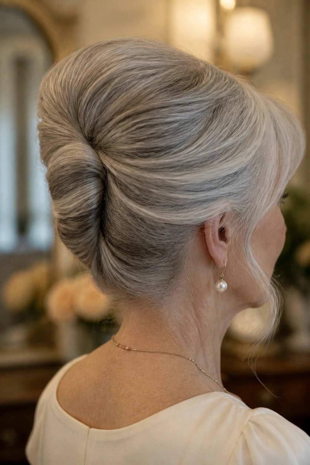 Older woman with a loose French twist at the nape