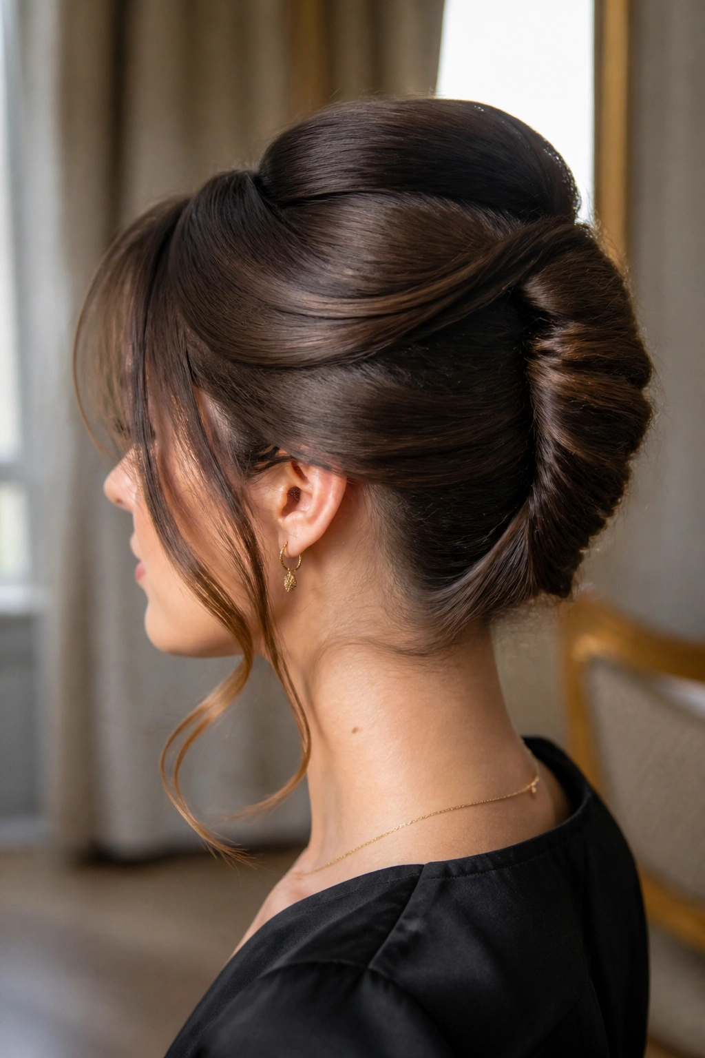 Close-up of classic French twist with loose face pieces on a real person in an elegant indoor setting.