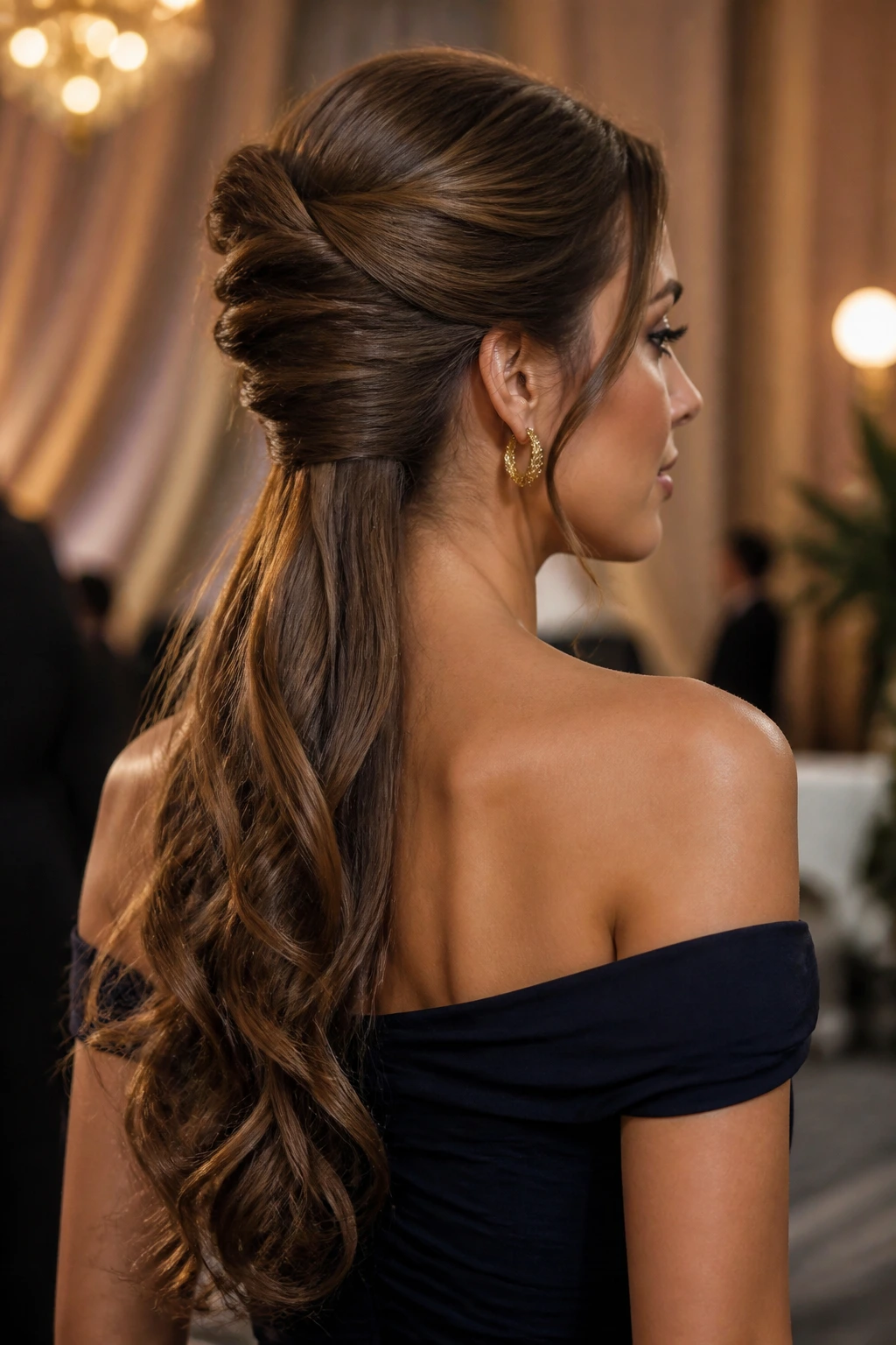 Medium close-up of a real woman with a French twist and flowing length.