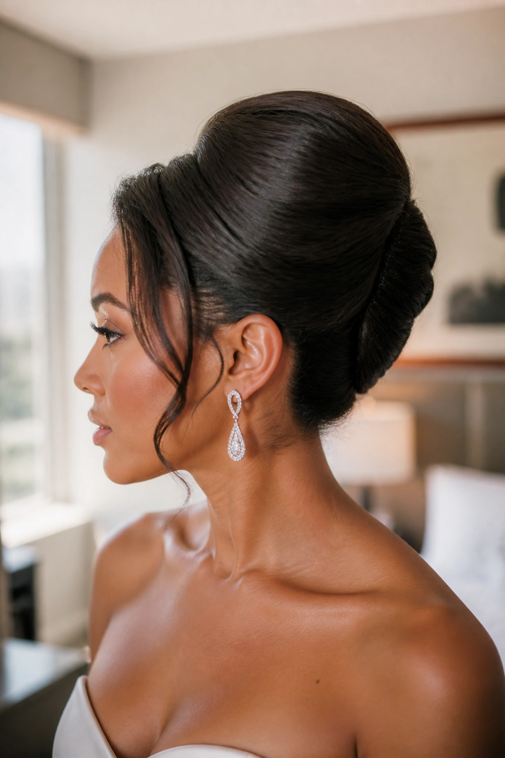 Close-up of a woman with a refined French twist updo