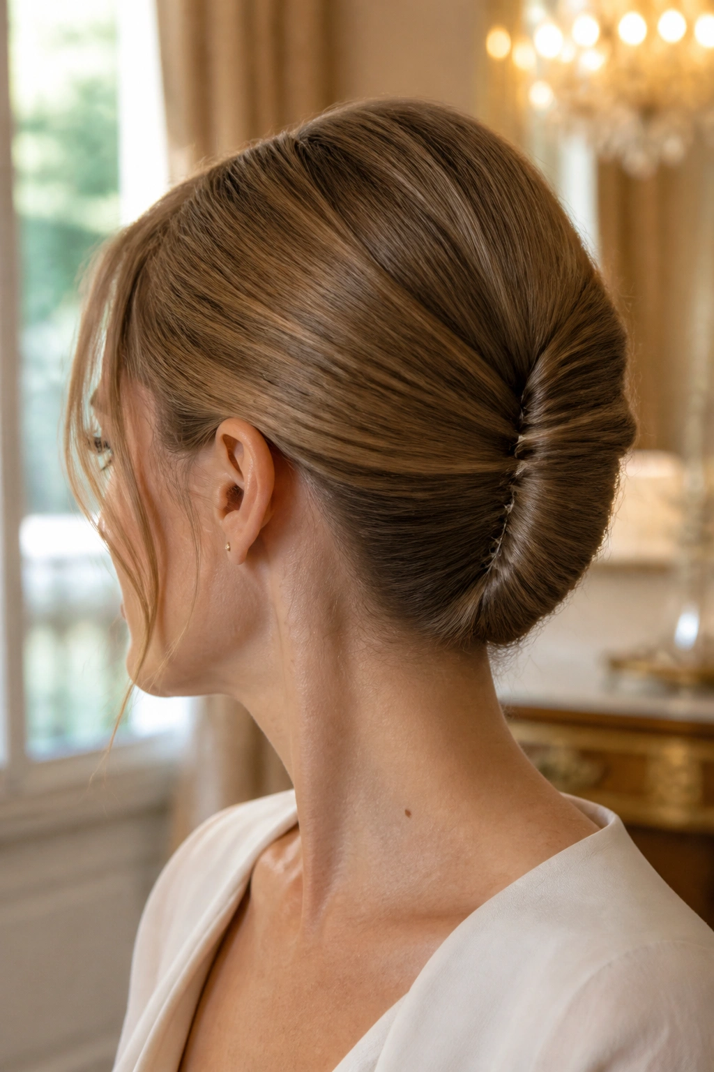 Portrait of woman with a low French twist secured with pins, soft lighting.