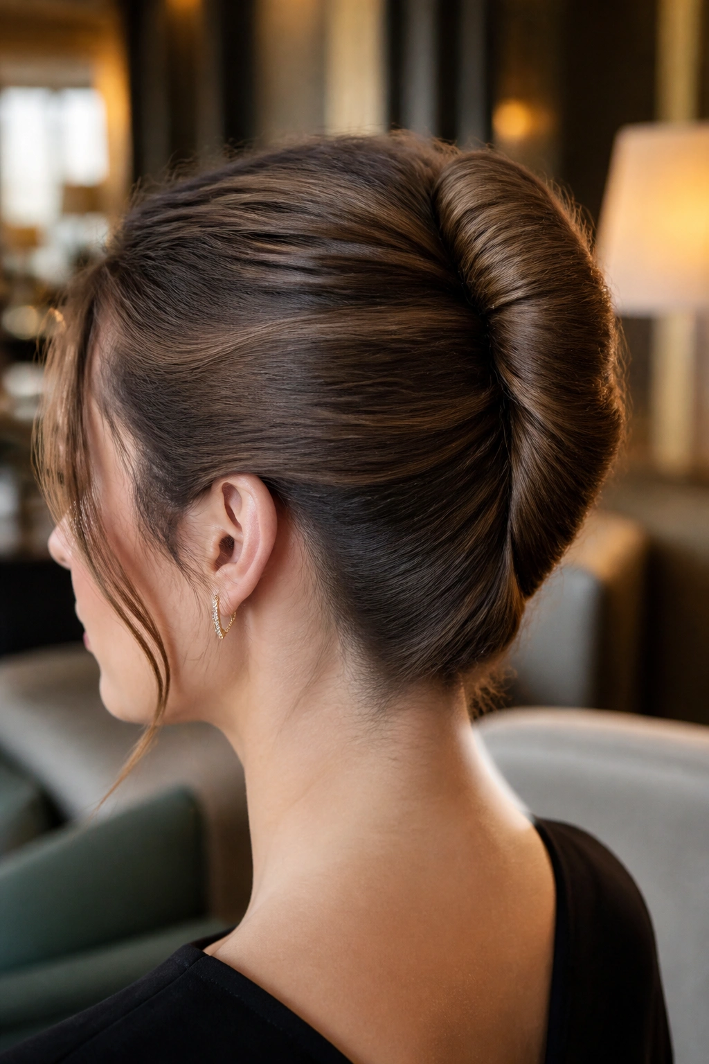 Close-up of woman with French twist hairstyle in a chic hotel lounge