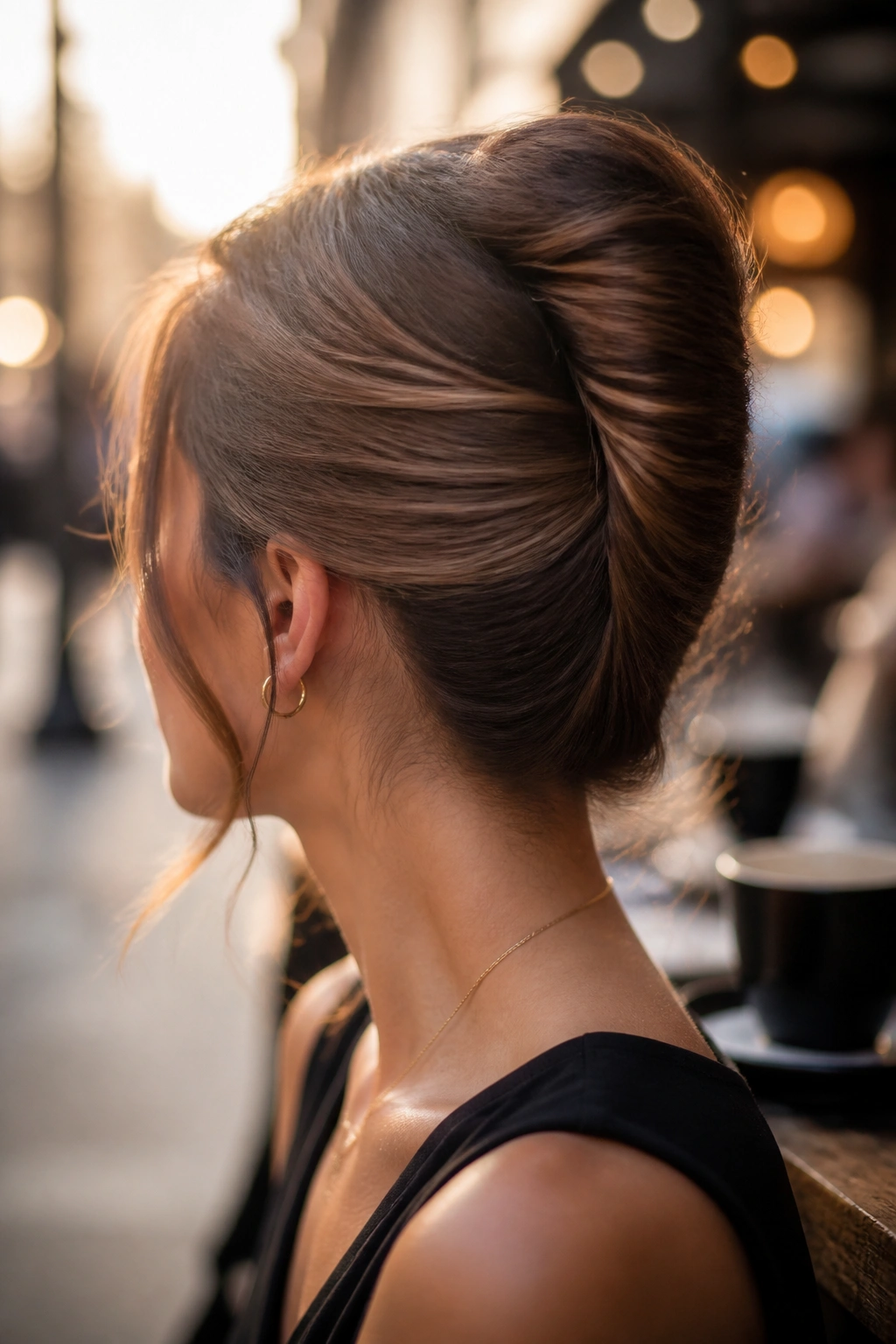 Portrait of a woman with a French twist at the back of the head