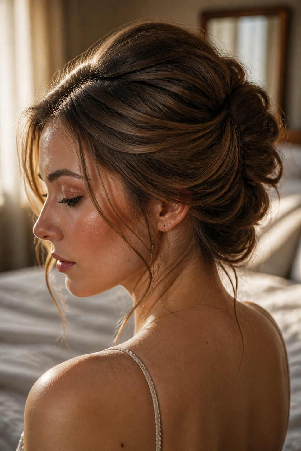 Close-up of a real woman with a loose French twist hairstyle in warm bedroom light