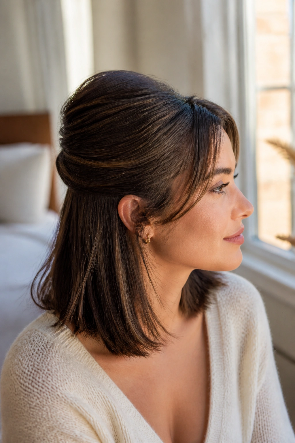 Close-up portrait of a real person with the French Twist Half-Up hairstyle.