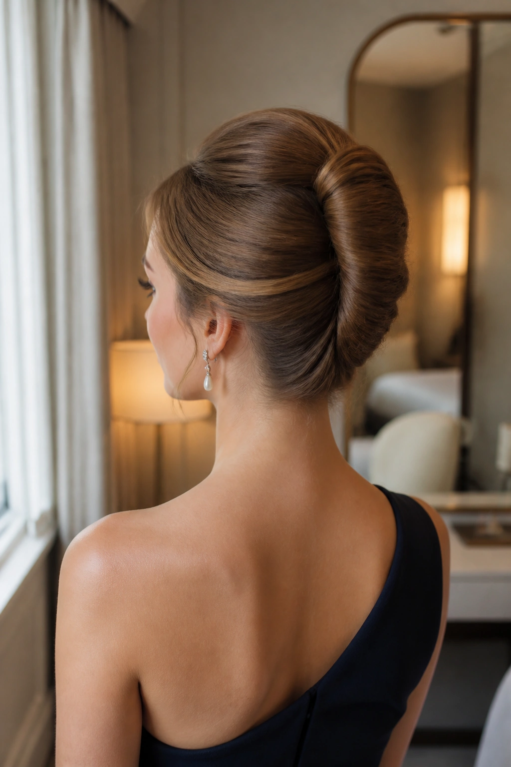 Medium close-up of a real woman with a French twist and soft crown height