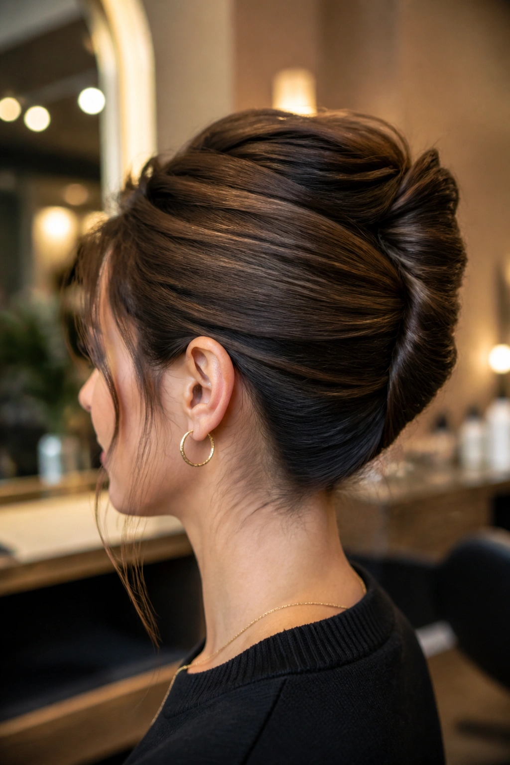 Close-up of a real woman in a neck-length French twist with hidden pins.