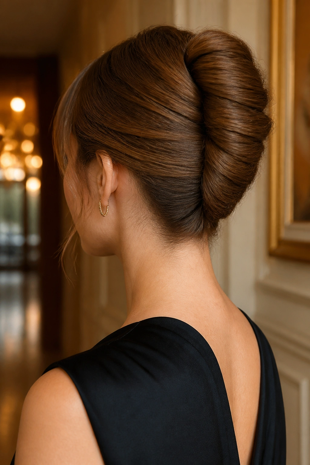 Back/side view of a real woman with a vertical French twist