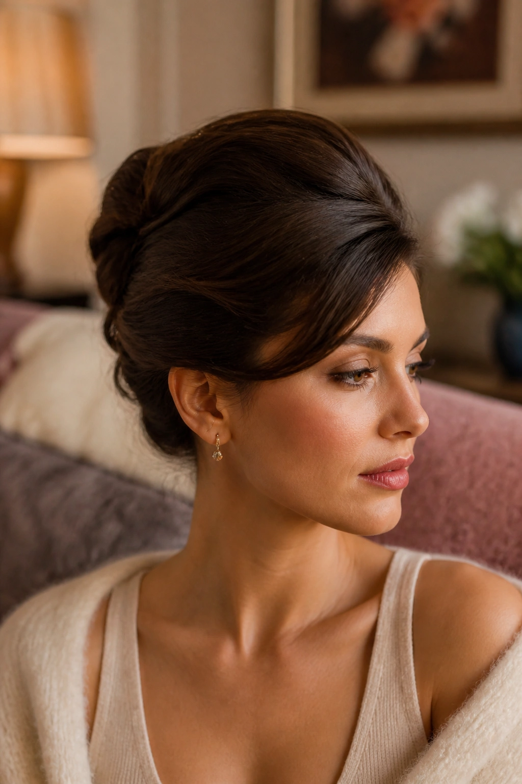 Close-up of a real woman with a lifted crown French twist in warm ambient light