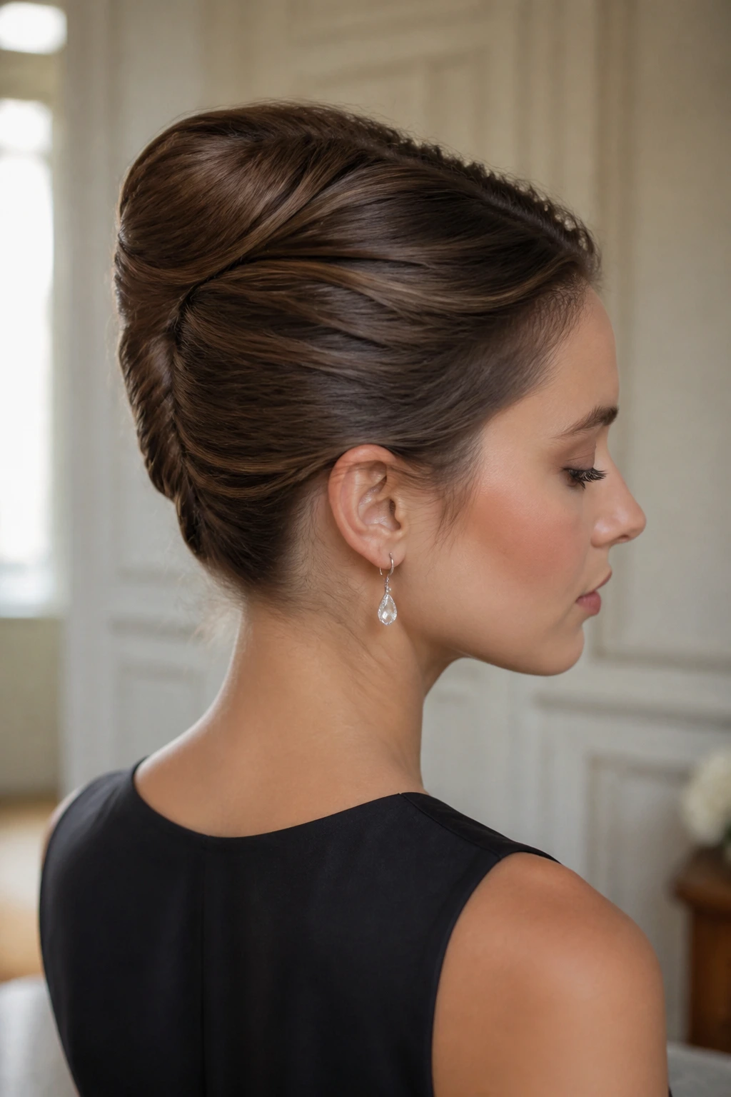Close-up portrait of a real woman displaying a French twist for long hair with a neat vertical roll.
