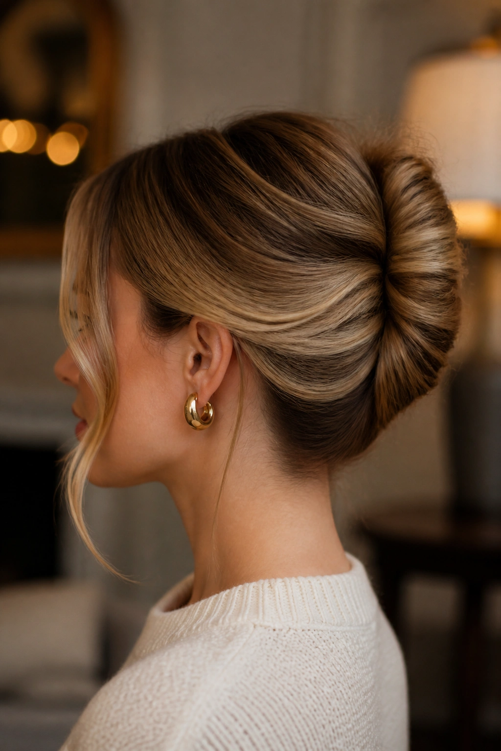 Side view of French twist with loose ends along the back of the head