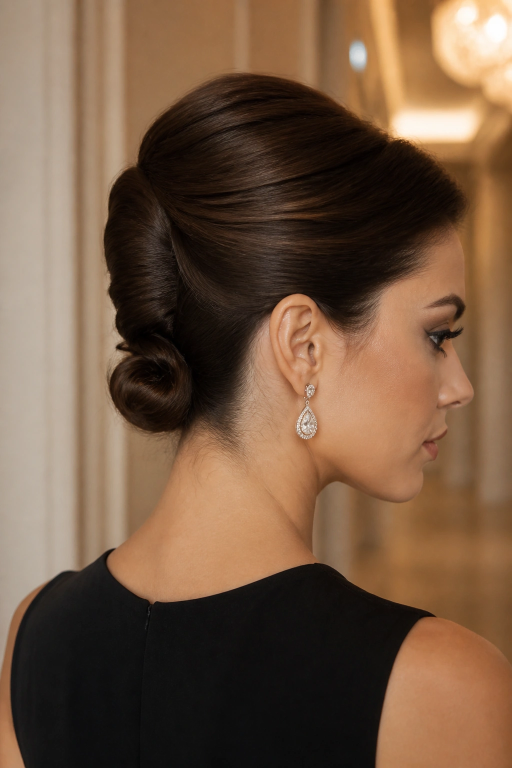 Close-up side profile of a real woman with a French-twist low bun hybrid at the nape.