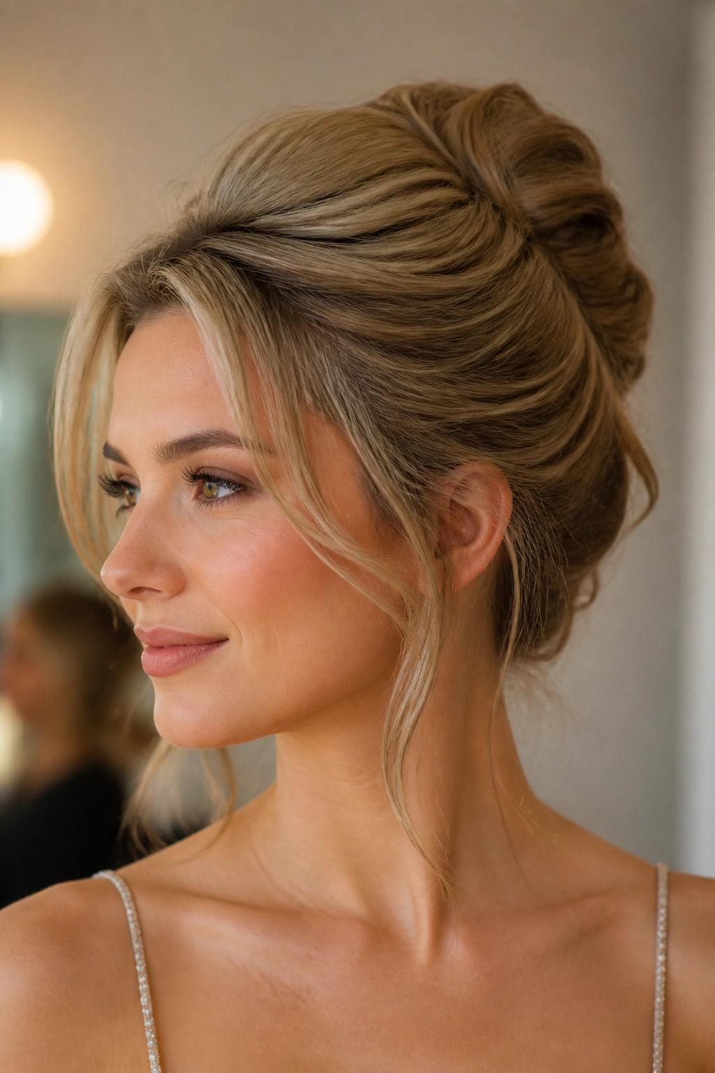 Close-up portrait of a real woman with a modern-height French twist