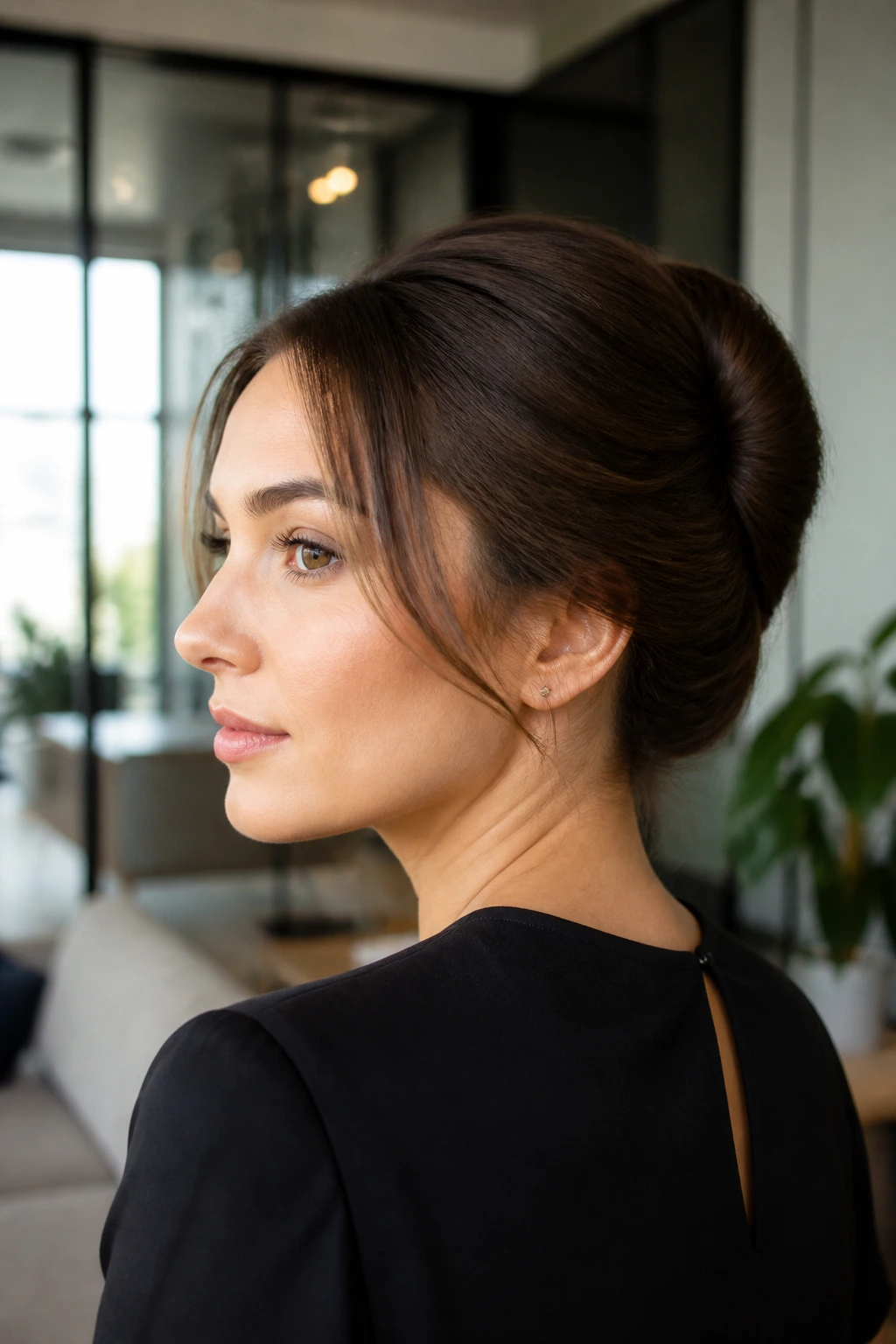 Close-up of a woman with a soft modern French twist in an office setting