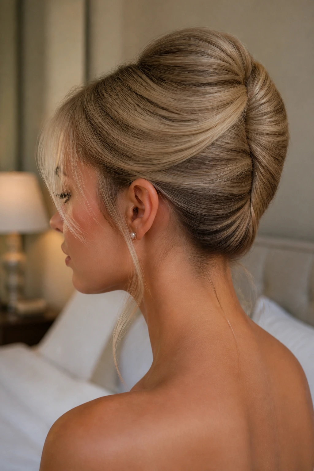 Close-up portrait of a real woman with a French twist and polished ends, hair tucked neatly at the back