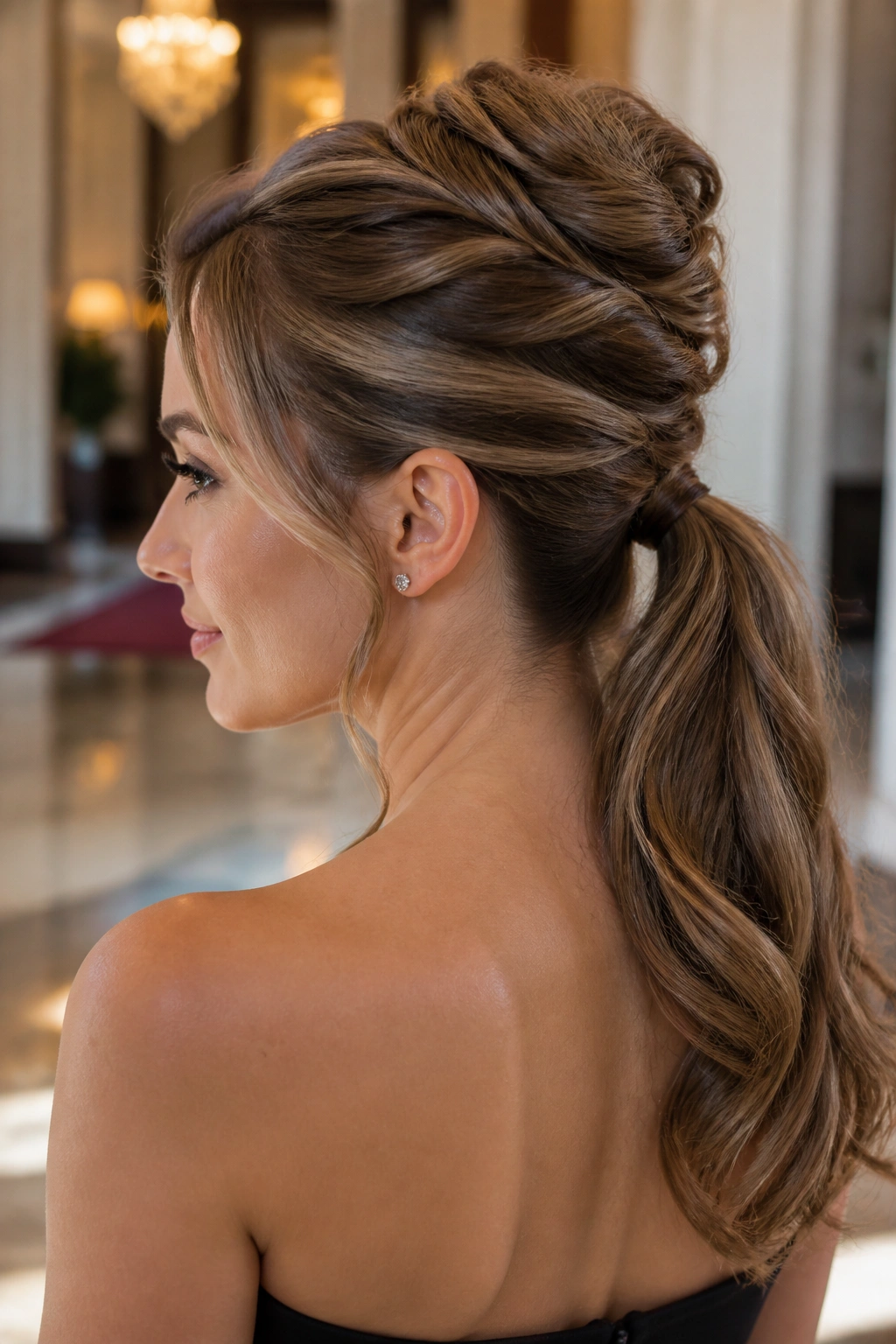 Close-up portrait of a real woman showing a French twist ponytail hybrid