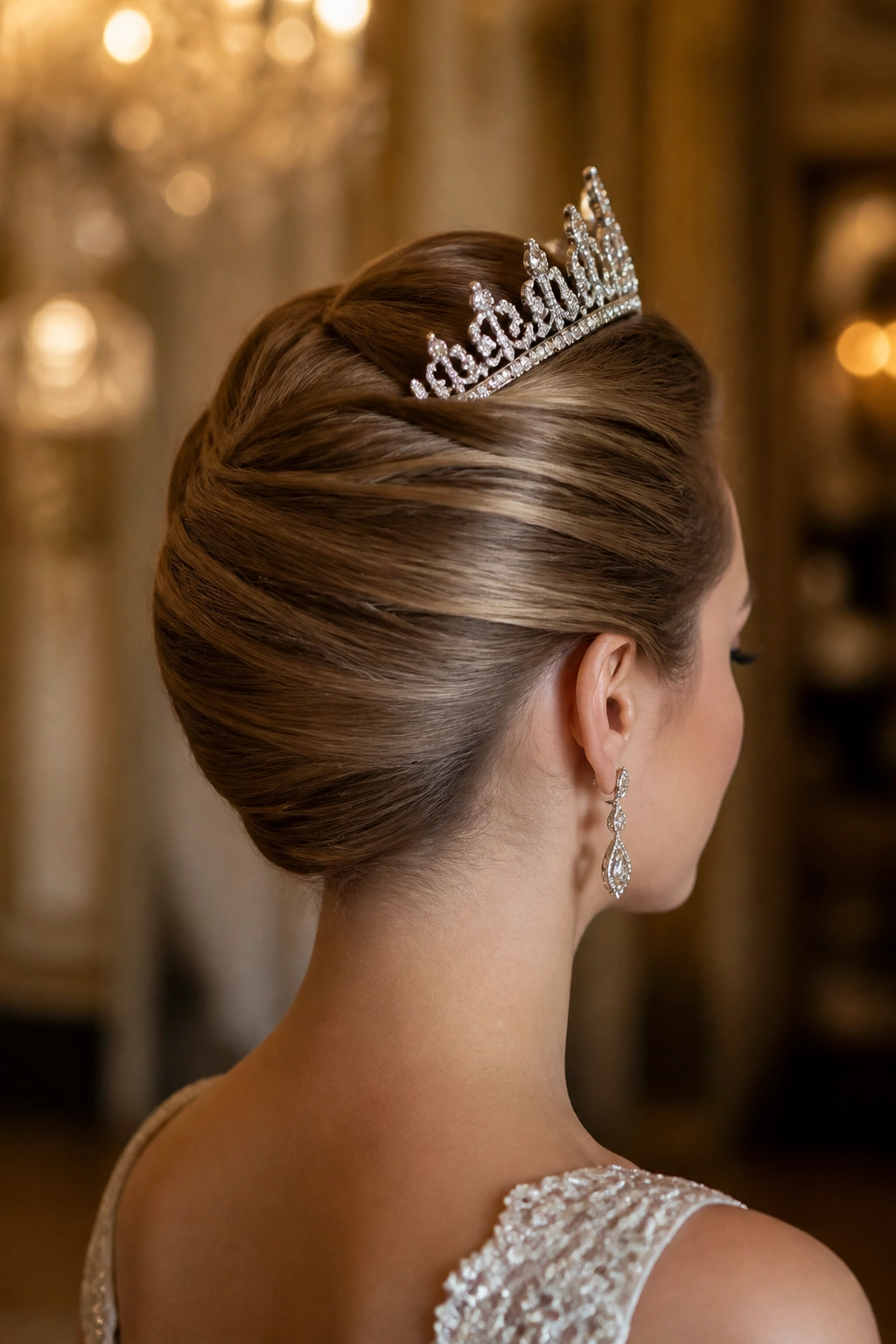 Bride with French twist and regal tiara in an elegant ballroom