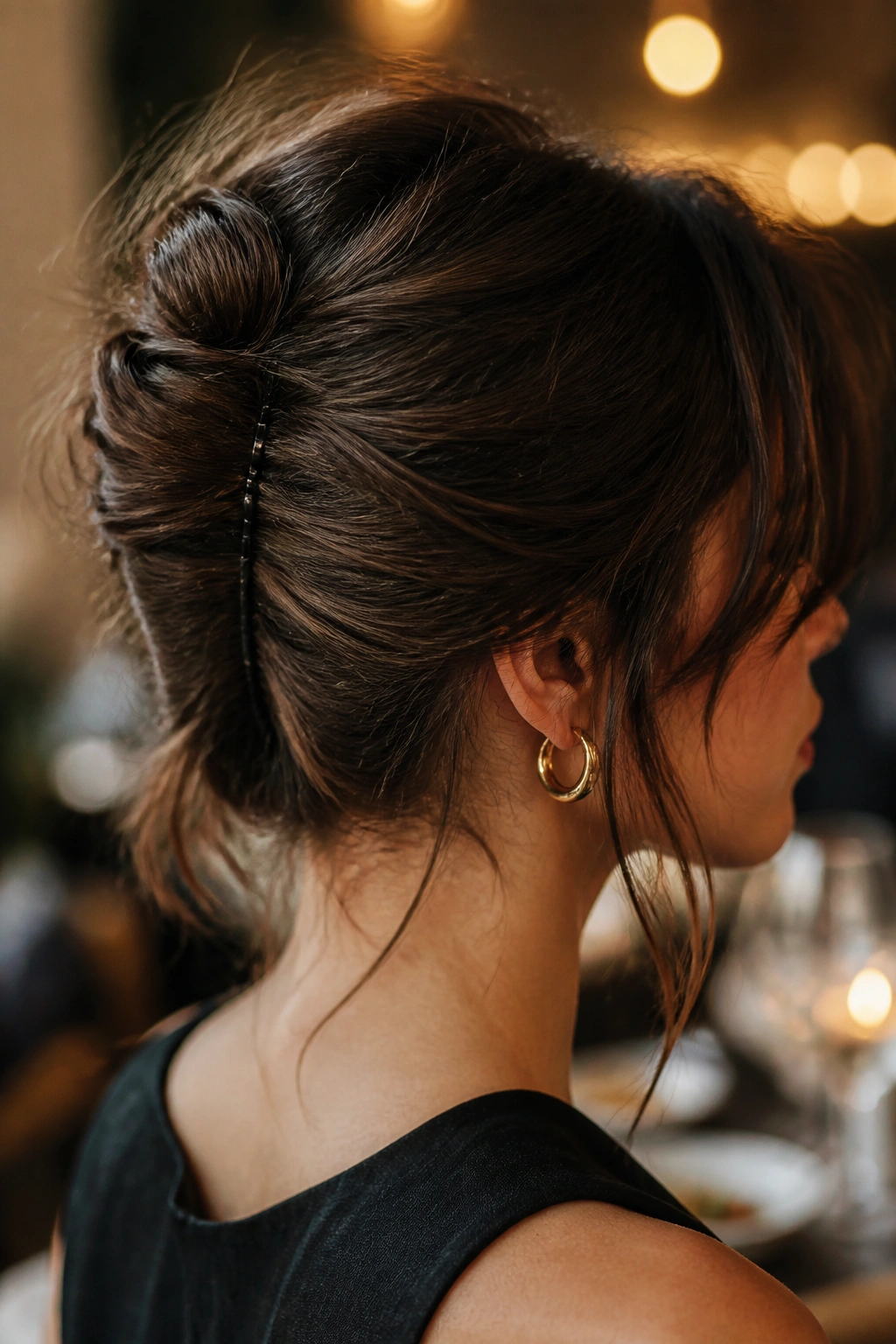 Close-up of a real woman with a French twist on short hair with loose ends.