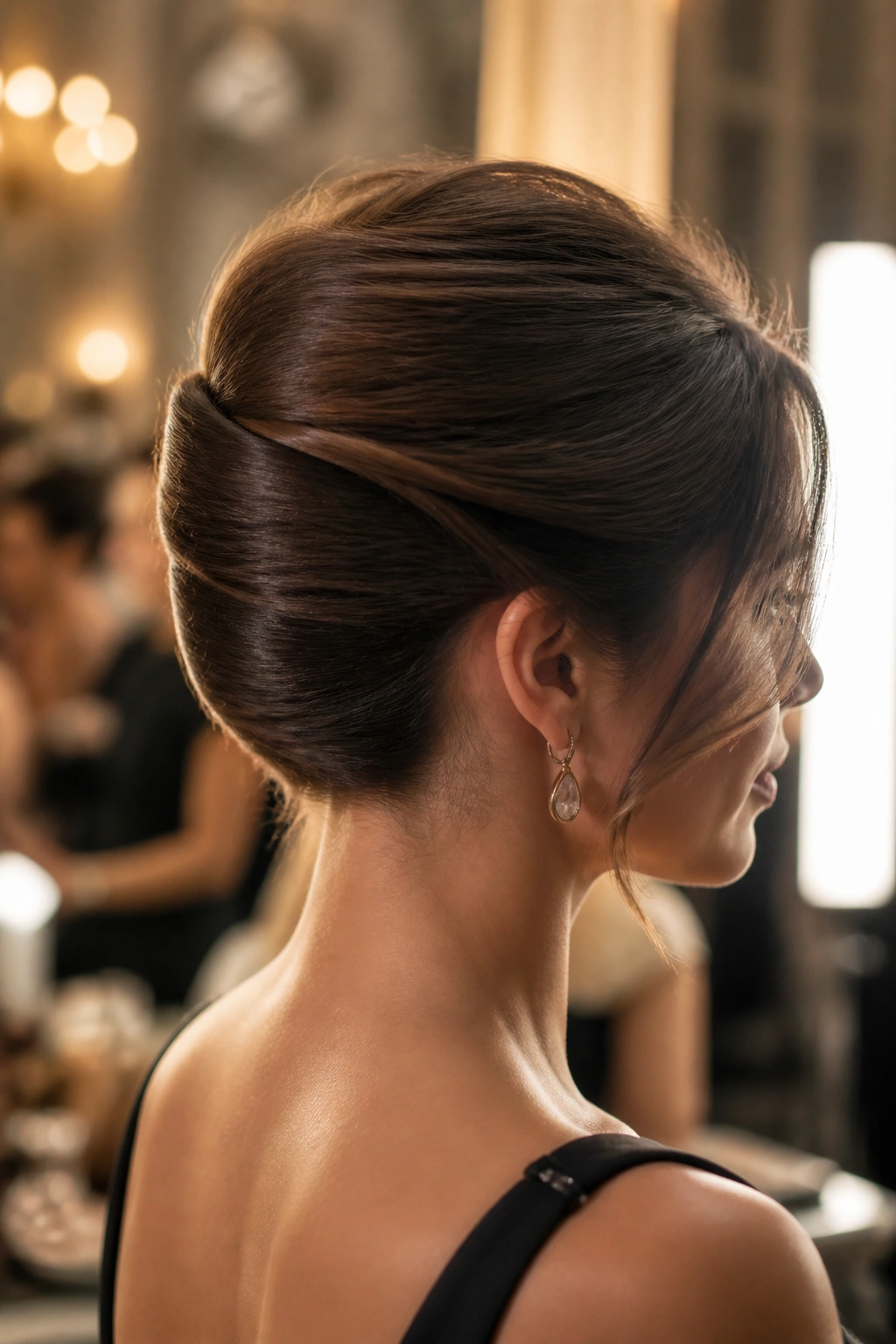 Close-up of a real woman with a French twist and soft volume