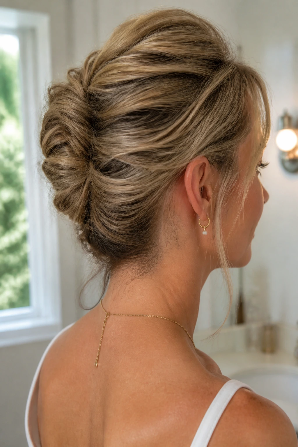 Close-up of a real person with a soft-textured French twist along the back.
