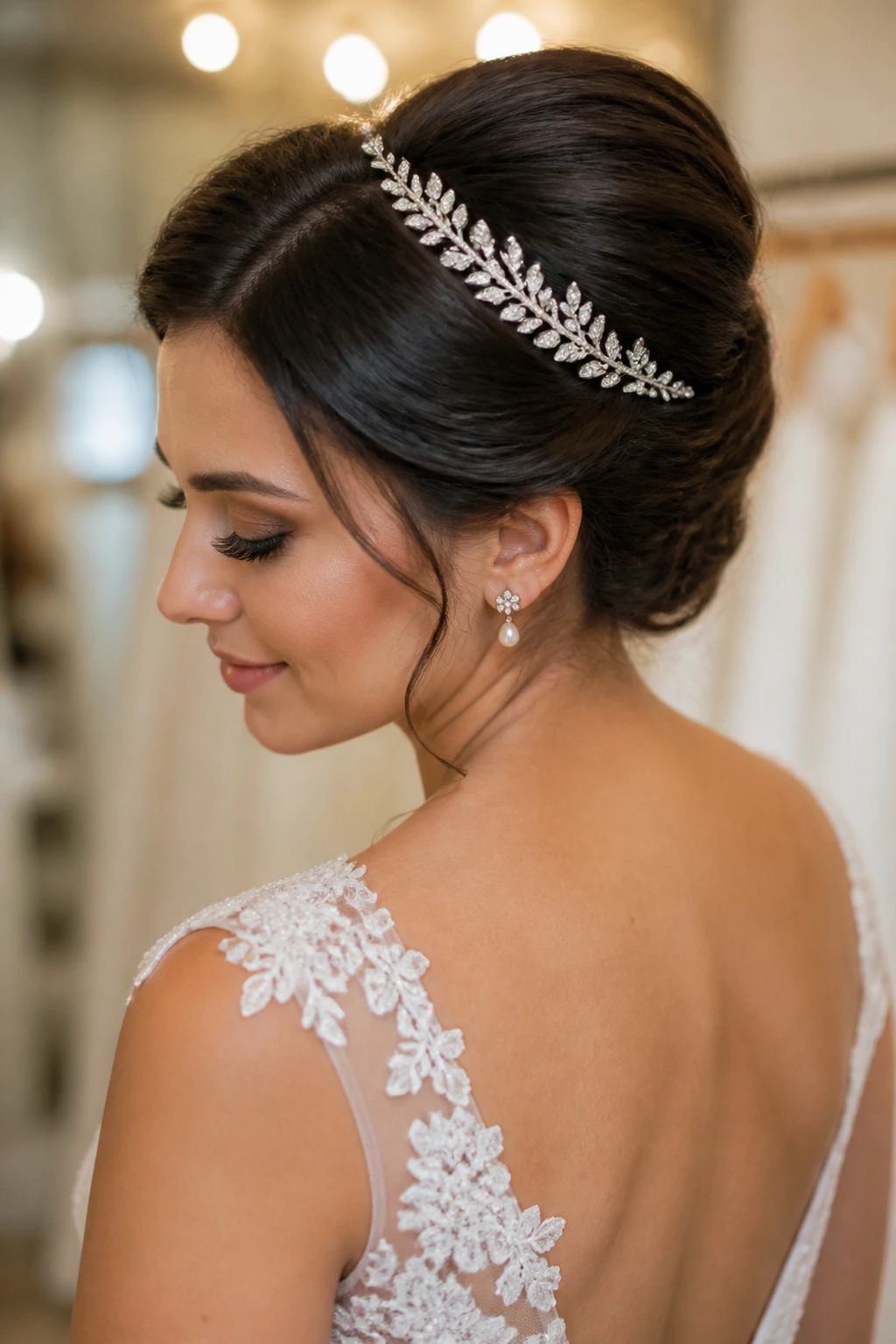 Bride with French twist and side tiara