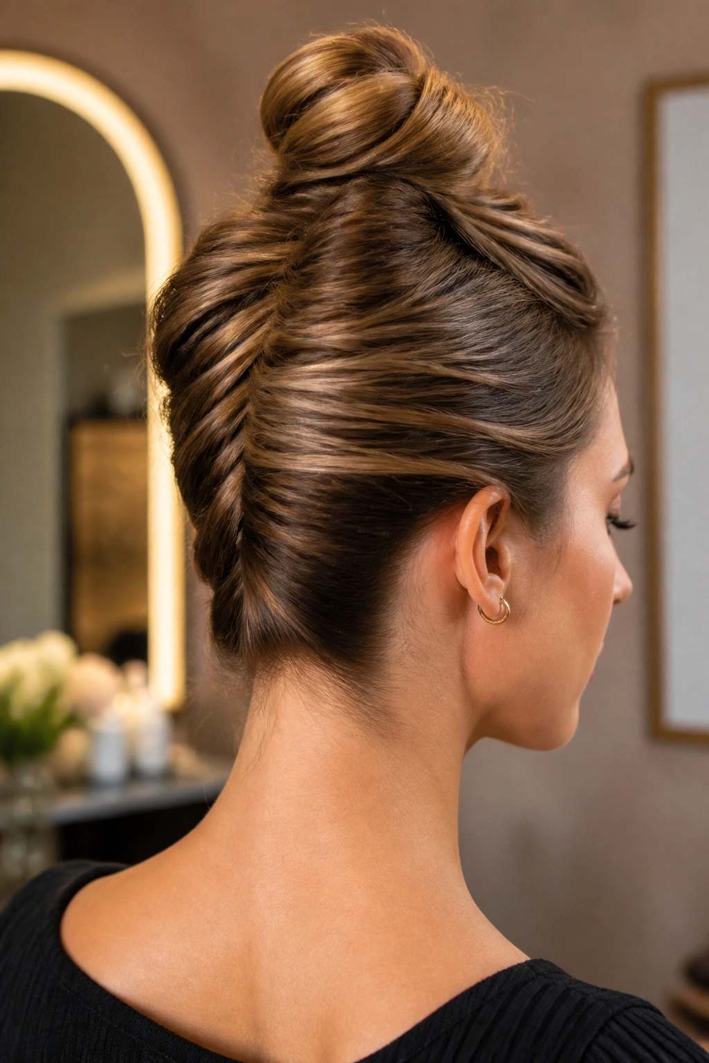 Close-up of a real woman with a French twist top knot forming a neat vertical line.