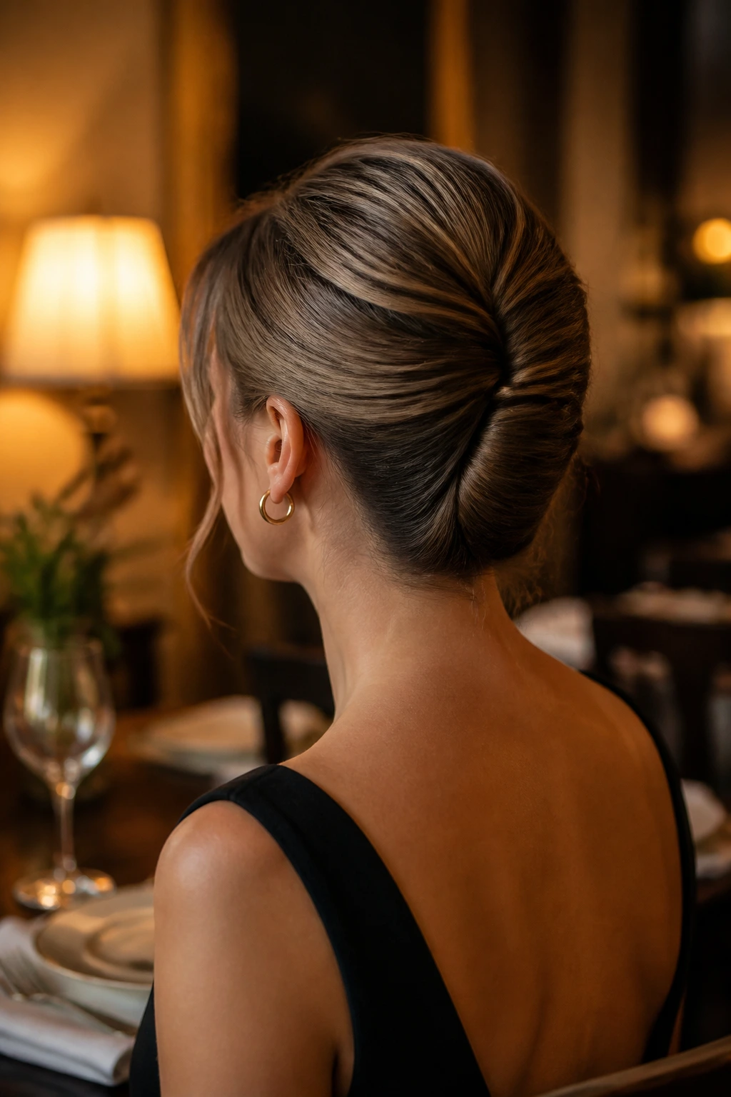 Close-up of a real woman wearing a tucked-in French twist at the nape