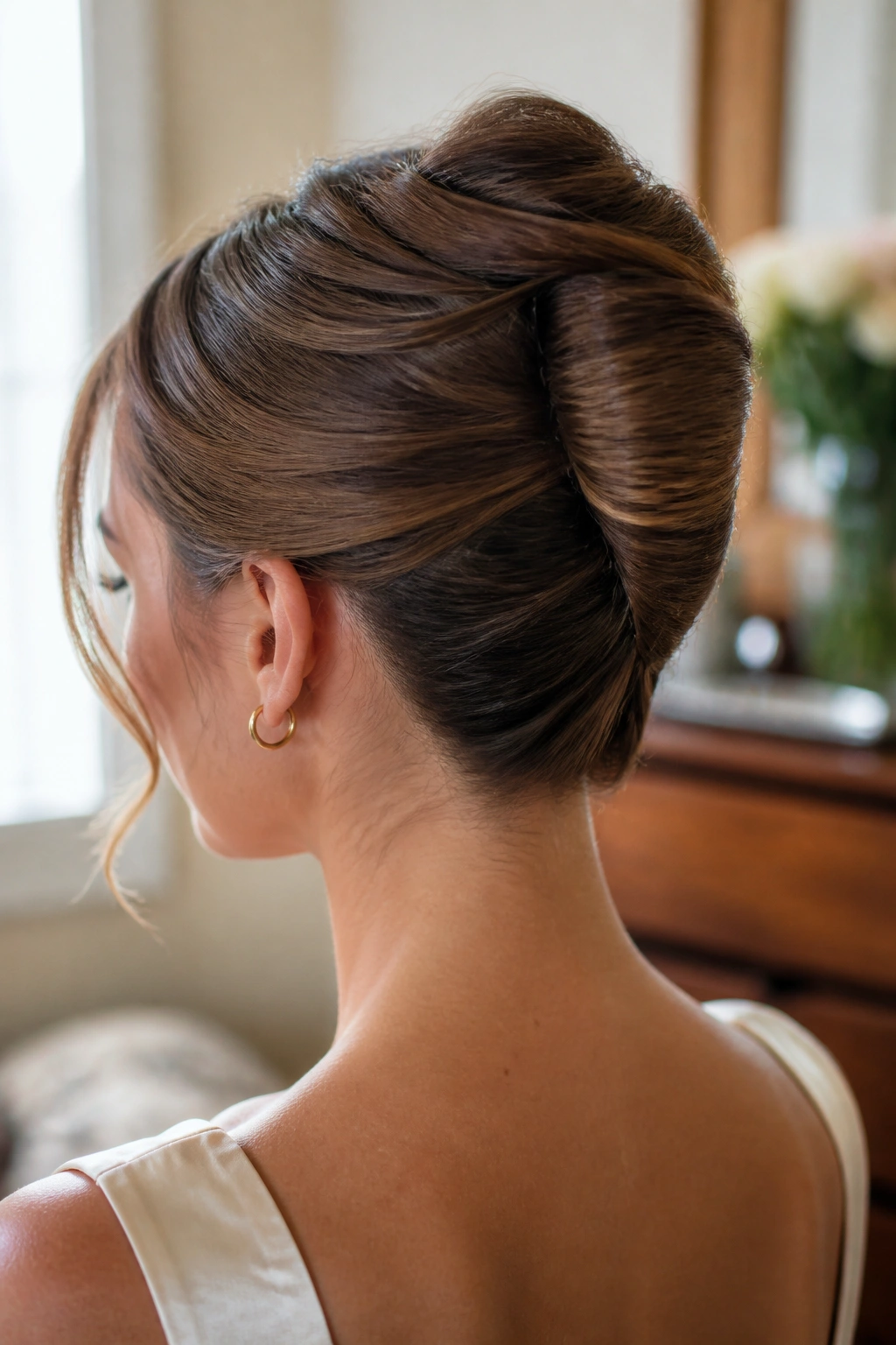 Close-up of a real woman with a smooth vertical French twist updo.