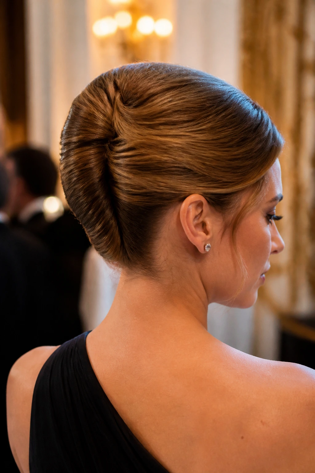 Close-up of a real woman with a French twist updo for formal events