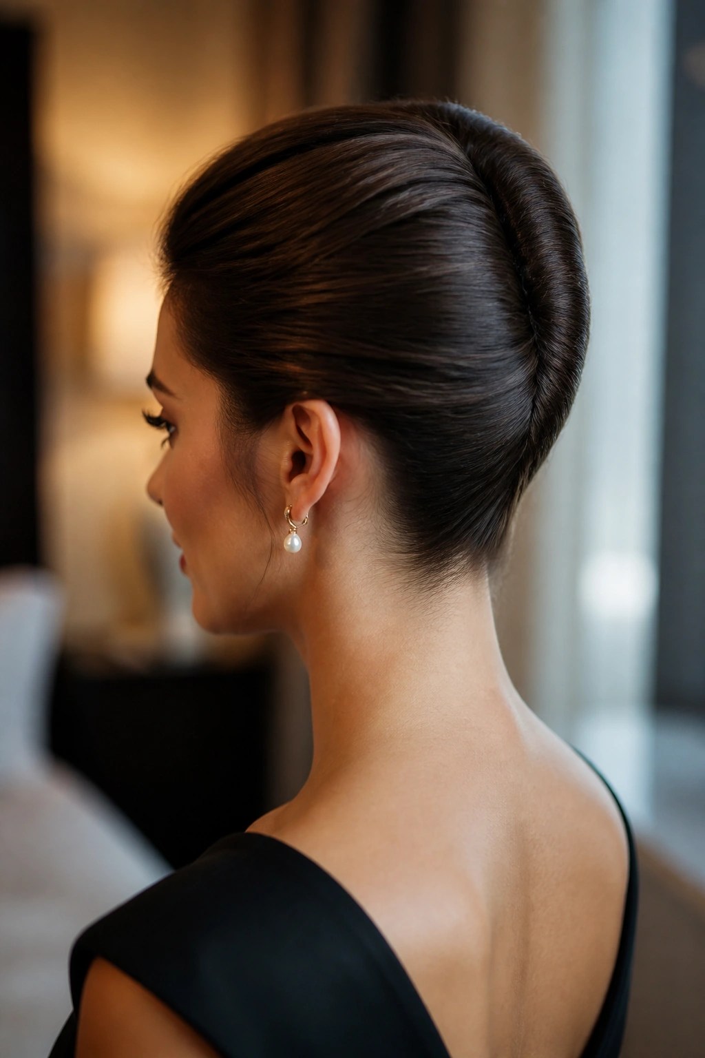 Portrait of a real woman with a French twist featuring clean vertical lines.