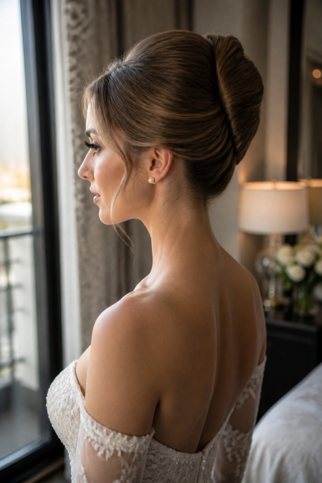 Side-profile of real bride with a sleek French twist updo in soft hotel lighting