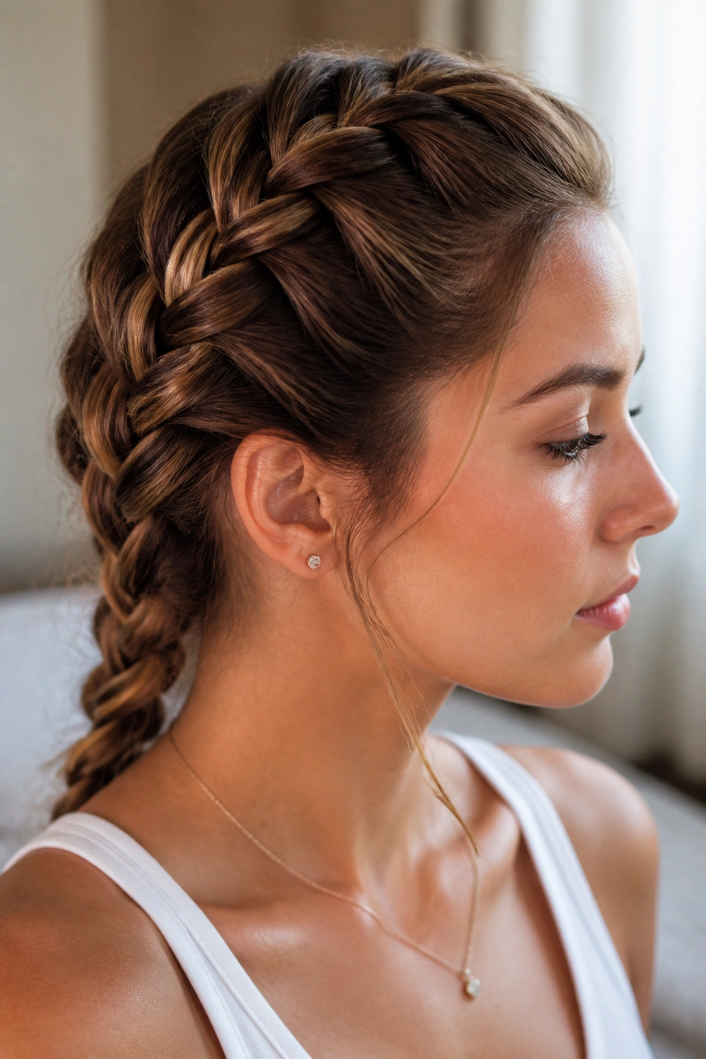 Close-up portrait of a real woman with a crown French braid along the scalp.