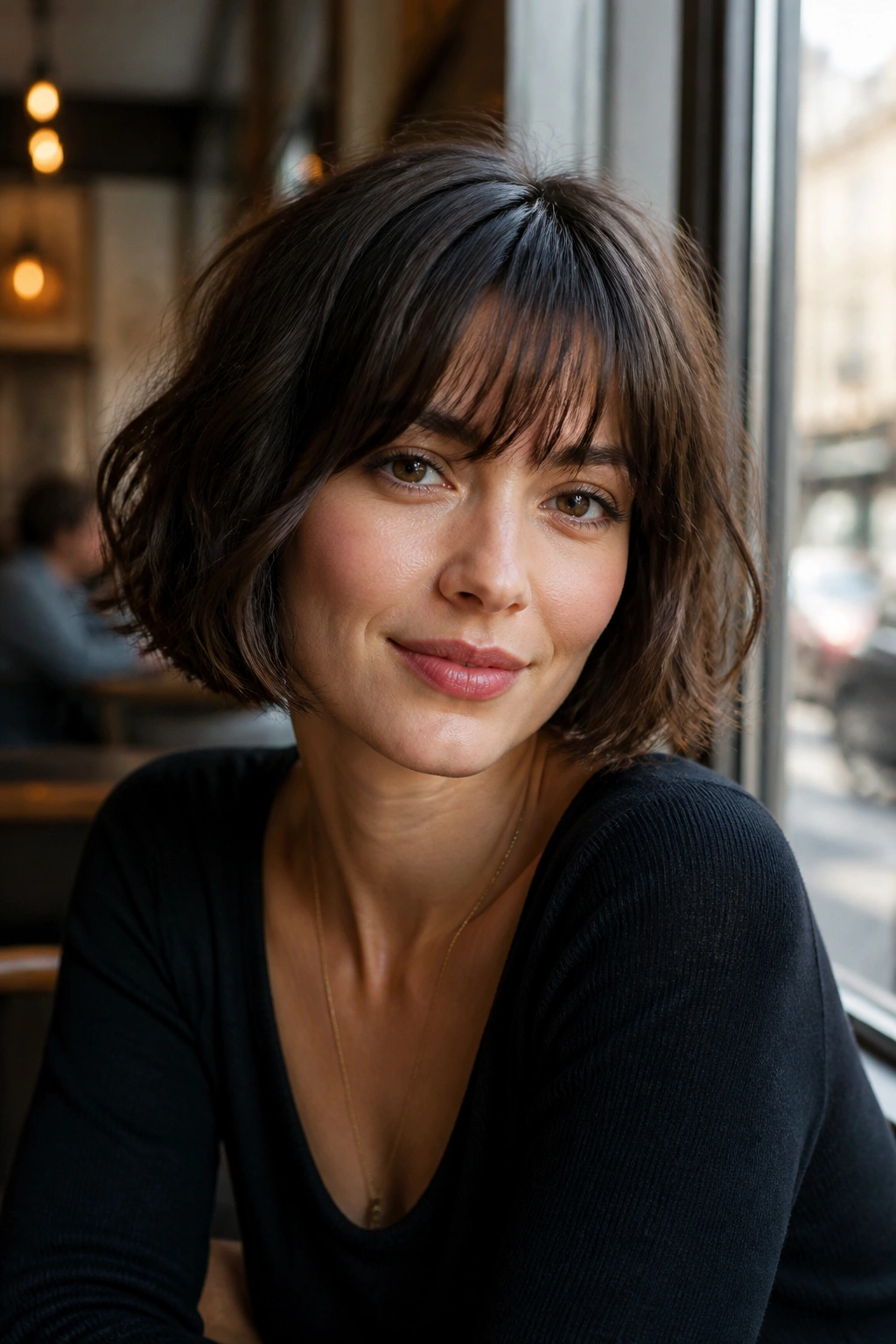 Close-up of a real woman with a French bob and brow-grazing fringe in daylight by a cafe window