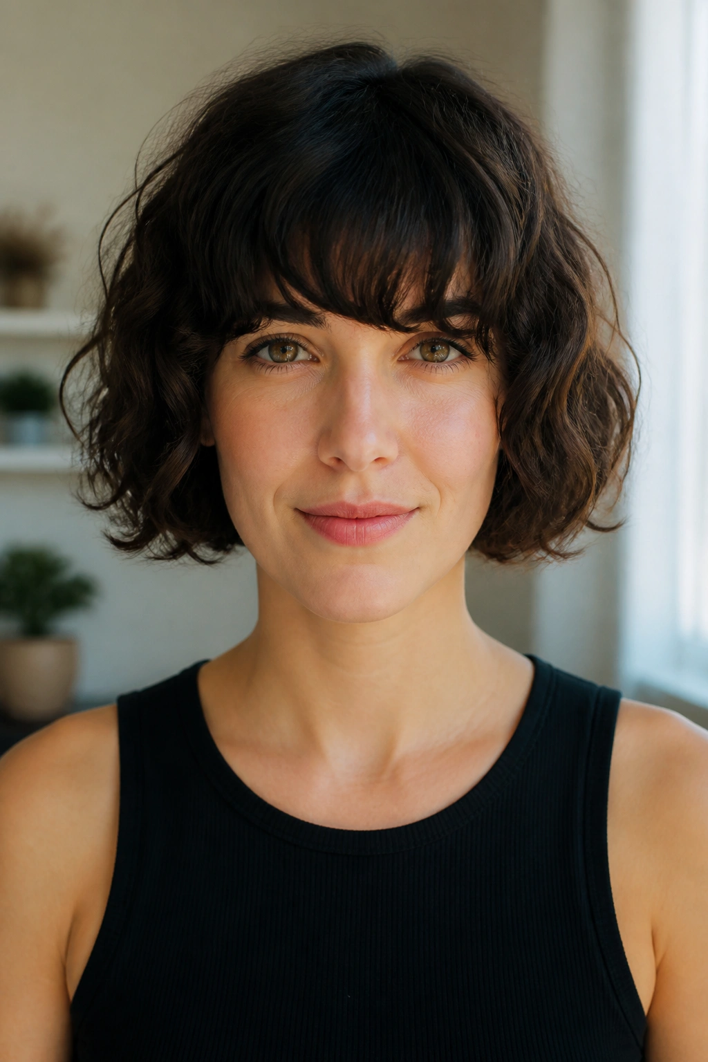 Front portrait of a woman with French bob and brow-grazing fringe in window light