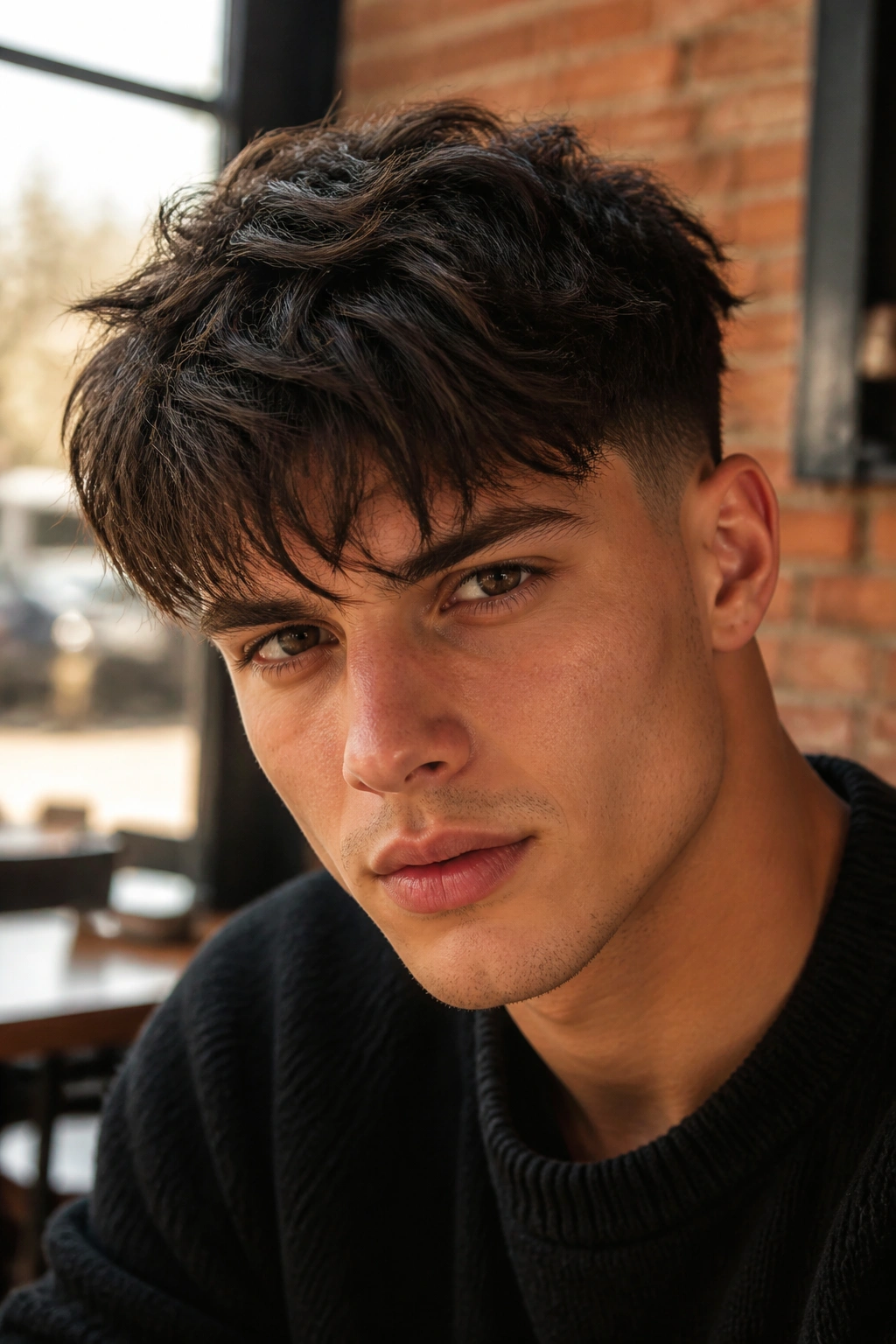 Close-up of a man with a messy fringe crop in an urban cafe setting