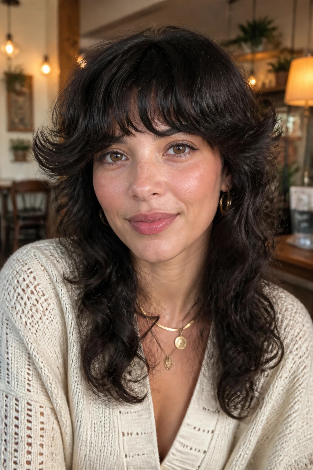 Real woman with fringe ends curled outward in a retro vibe